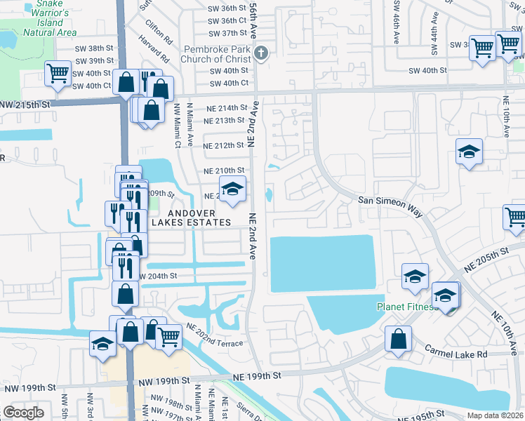 map of restaurants, bars, coffee shops, grocery stores, and more near 20781 Northeast 2nd Avenue in Miami