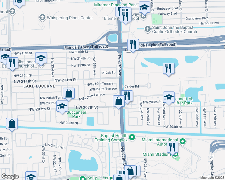 map of restaurants, bars, coffee shops, grocery stores, and more near 2770 Northwest 209th Terrace in Miami Gardens