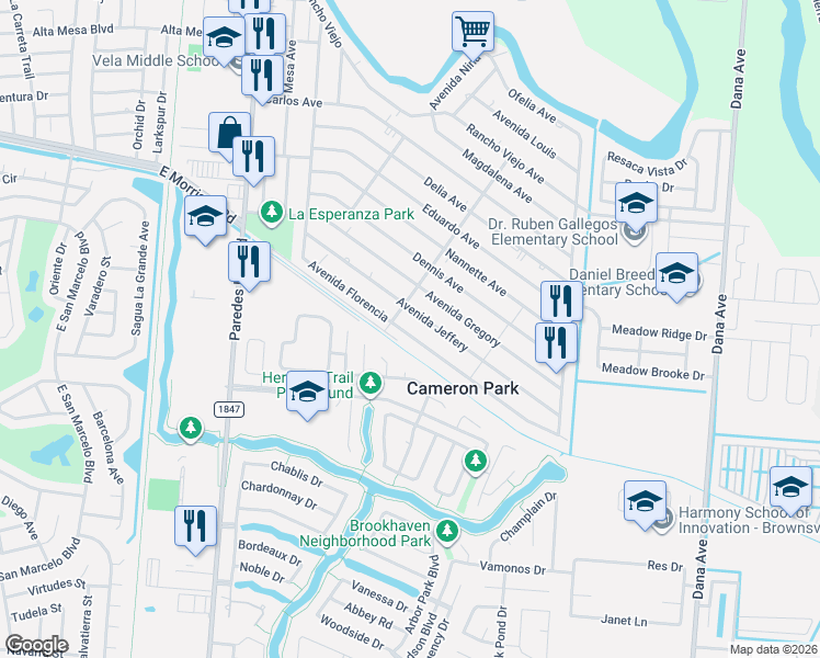 map of restaurants, bars, coffee shops, grocery stores, and more near 2509-2513 Florencia Ave in Brownsville