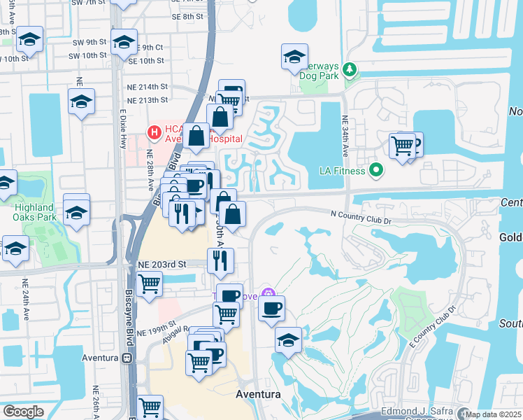 map of restaurants, bars, coffee shops, grocery stores, and more near 20500 West Country Club Drive in Aventura