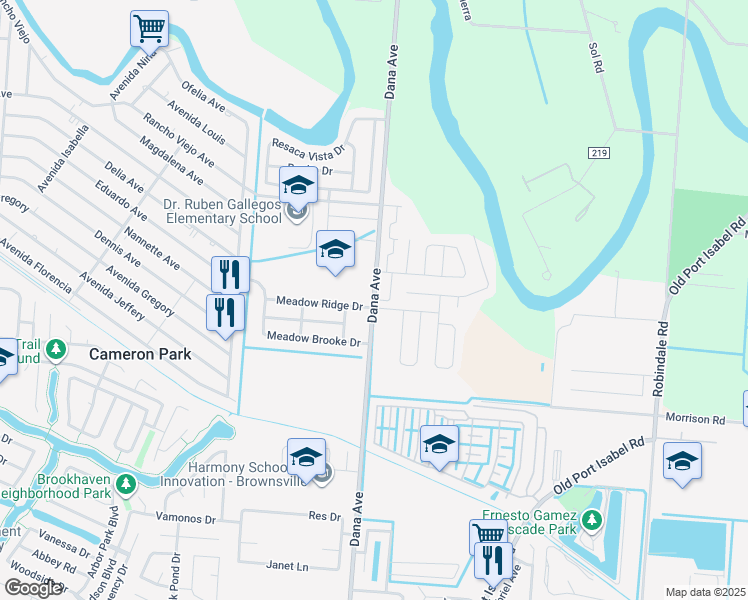 map of restaurants, bars, coffee shops, grocery stores, and more near Dana Avenue in Brownsville