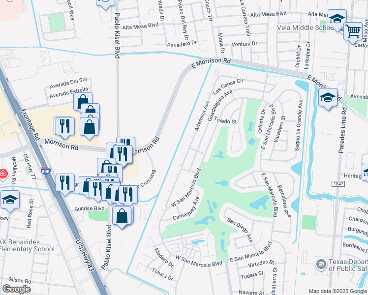 map of restaurants, bars, coffee shops, grocery stores, and more near 5 Jalisco Court in Brownsville