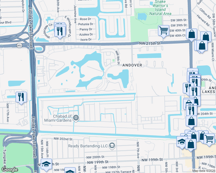 map of restaurants, bars, coffee shops, grocery stores, and more near 20861 Northwest 209th Court in Miami Gardens