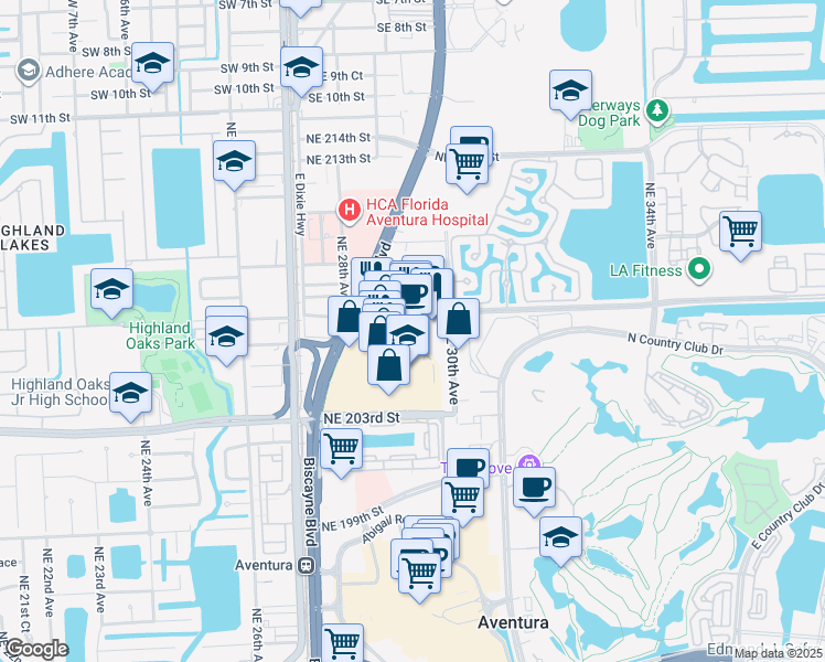 map of restaurants, bars, coffee shops, grocery stores, and more near 2920 Northeast 207th Street in Aventura