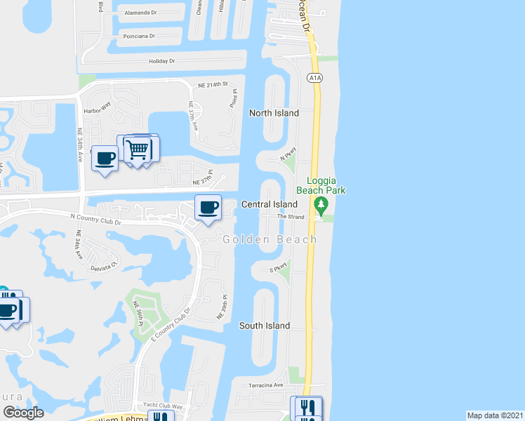 map of restaurants, bars, coffee shops, grocery stores, and more near 405 Centre Island in Golden Beach