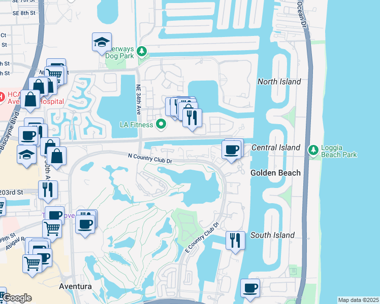 map of restaurants, bars, coffee shops, grocery stores, and more near 3475 North Country Club Drive in Aventura