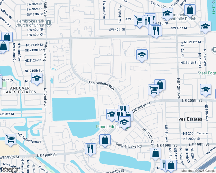map of restaurants, bars, coffee shops, grocery stores, and more near 705 Northeast 208th Terrace in Miami