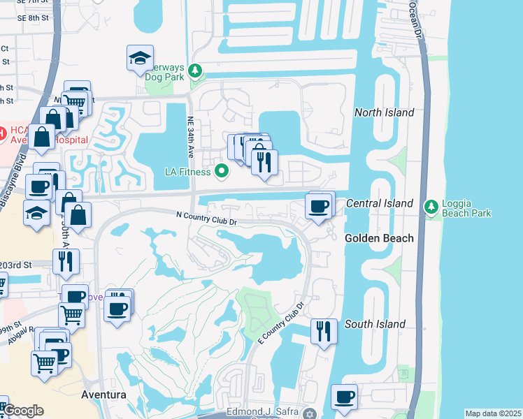 map of restaurants, bars, coffee shops, grocery stores, and more near 3475 North Country Club Drive in Aventura