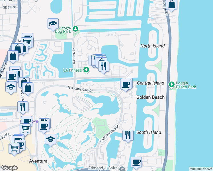 map of restaurants, bars, coffee shops, grocery stores, and more near 3675 North Country Club Drive in Aventura