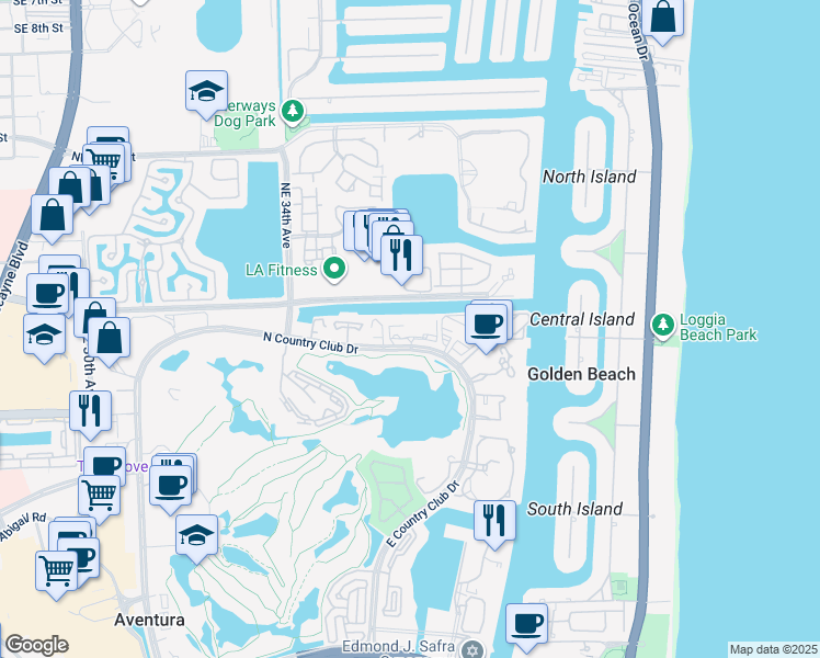 map of restaurants, bars, coffee shops, grocery stores, and more near 3675 North Country Club Drive in Aventura