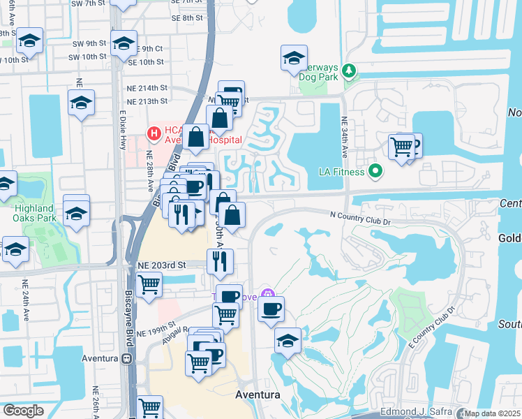 map of restaurants, bars, coffee shops, grocery stores, and more near 20500 West Country Club Drive in Aventura