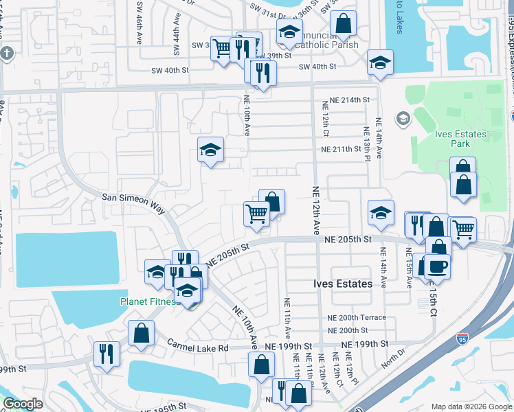 map of restaurants, bars, coffee shops, grocery stores, and more near 20739 Northeast 10th Court in Miami