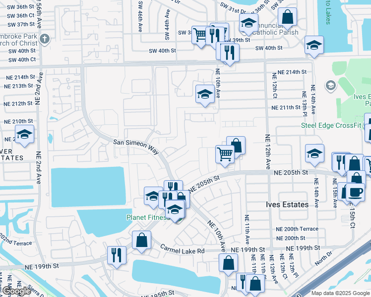 map of restaurants, bars, coffee shops, grocery stores, and more near 20701 Northeast 8th Court in Miami