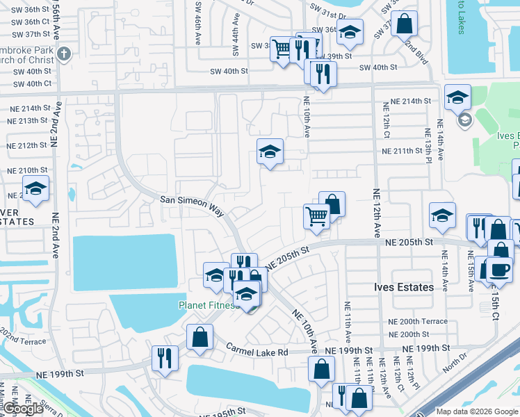 map of restaurants, bars, coffee shops, grocery stores, and more near 20701 Northeast 8th Court in Miami