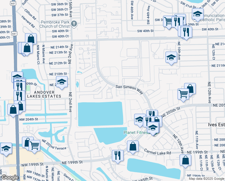 map of restaurants, bars, coffee shops, grocery stores, and more near 20890 San Simeon Way in Miami