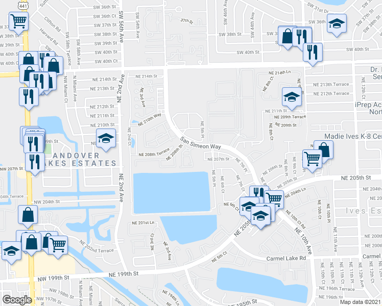 map of restaurants, bars, coffee shops, grocery stores, and more near 20760 Northeast 4th Court in Miami