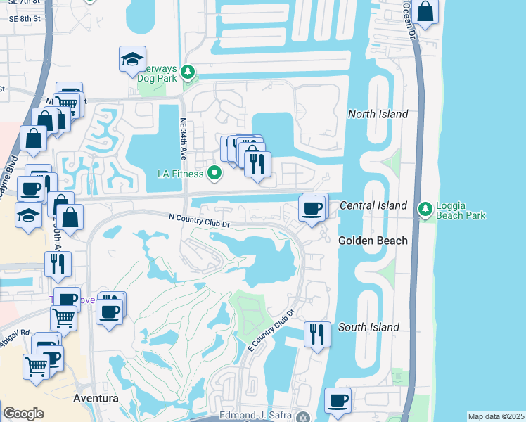 map of restaurants, bars, coffee shops, grocery stores, and more near 3675 North Country Club Drive in Aventura