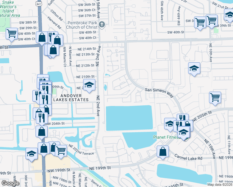 map of restaurants, bars, coffee shops, grocery stores, and more near 308 Northeast 208th Terrace in North Miami Beach