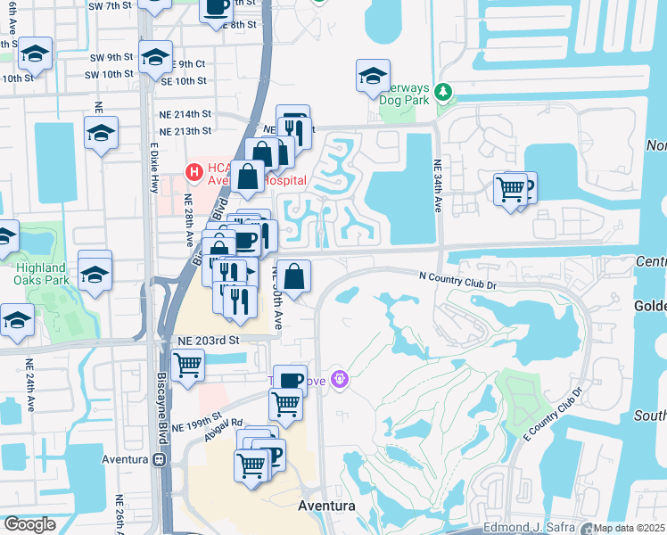 map of restaurants, bars, coffee shops, grocery stores, and more near 20500 West Country Club Drive in Aventura