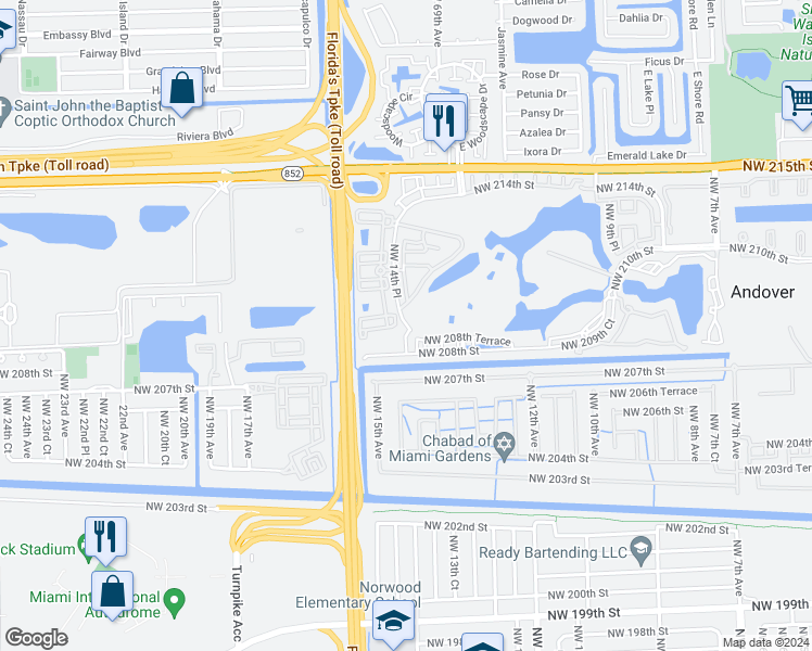 map of restaurants, bars, coffee shops, grocery stores, and more near 21050 Northwest 14th Place in Miami Gardens