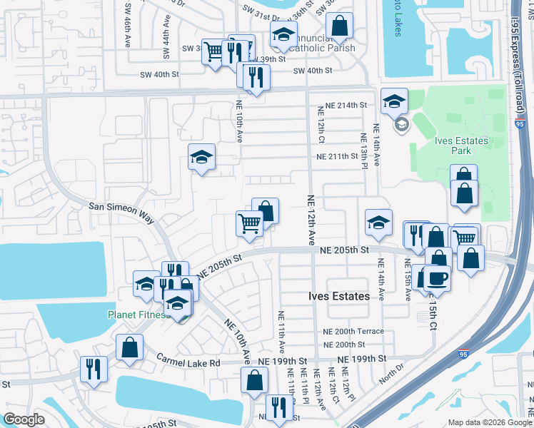 map of restaurants, bars, coffee shops, grocery stores, and more near 1044 Northeast 207th Terrace in Miami