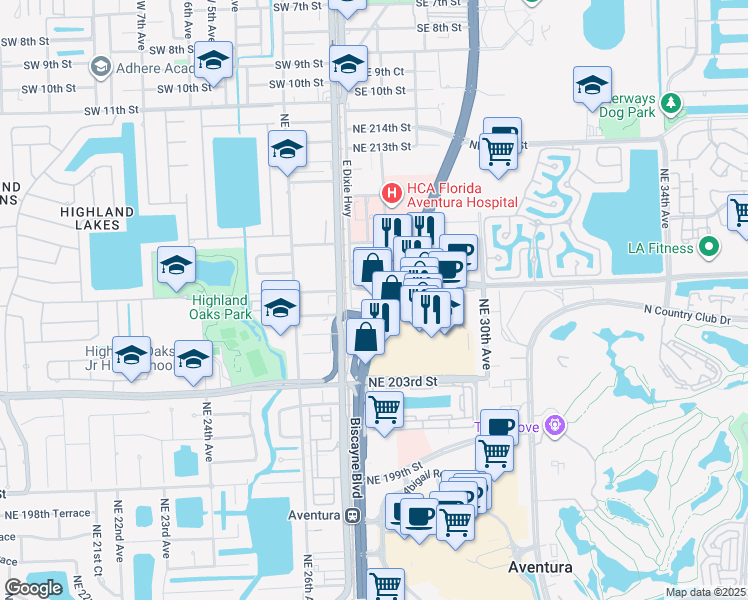 map of restaurants, bars, coffee shops, grocery stores, and more near 20614 Biscayne Boulevard in Aventura