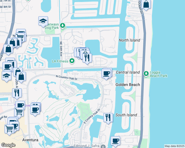 map of restaurants, bars, coffee shops, grocery stores, and more near 3675 North Country Club Drive in Aventura