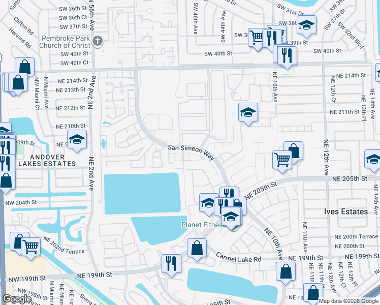 map of restaurants, bars, coffee shops, grocery stores, and more near 588 Northeast 207th Street in Aventura
