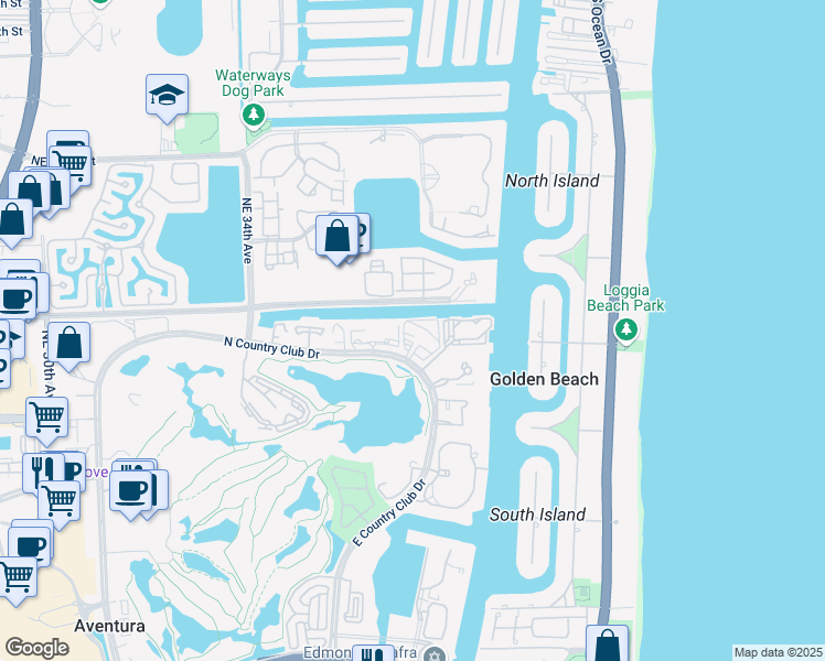 map of restaurants, bars, coffee shops, grocery stores, and more near 3701 North Country Club Drive in Aventura