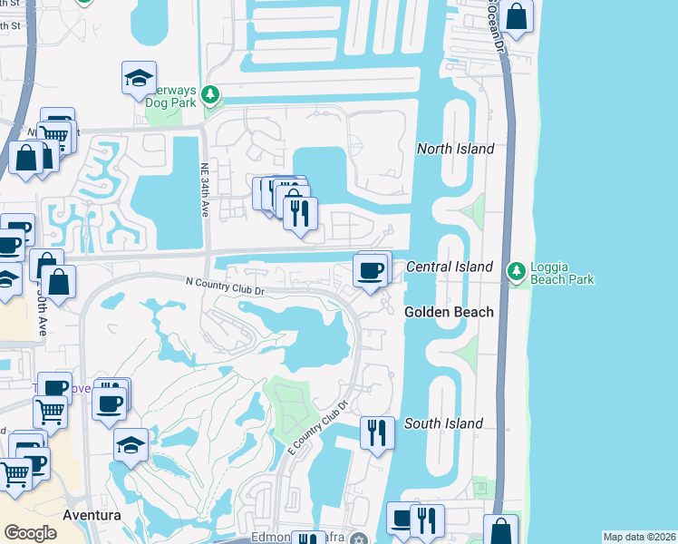 map of restaurants, bars, coffee shops, grocery stores, and more near 3701 North Country Club Drive in Aventura