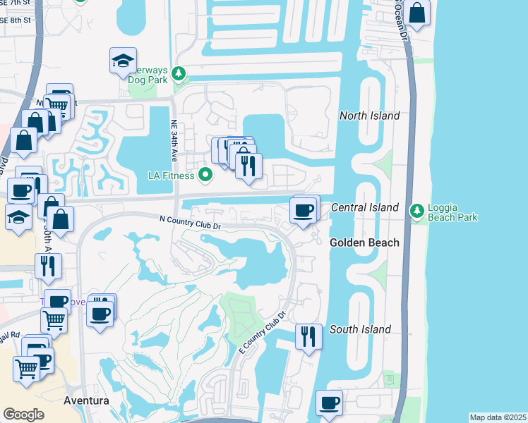 map of restaurants, bars, coffee shops, grocery stores, and more near 3675 North Country Club Drive in Aventura