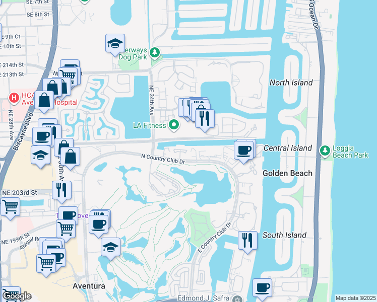 map of restaurants, bars, coffee shops, grocery stores, and more near 3475 North Country Club Drive in Aventura