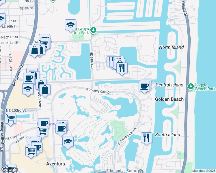 map of restaurants, bars, coffee shops, grocery stores, and more near 3475 North Country Club Drive in Aventura