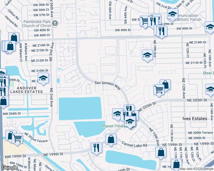 map of restaurants, bars, coffee shops, grocery stores, and more near 588 Northeast 207th Street in Aventura