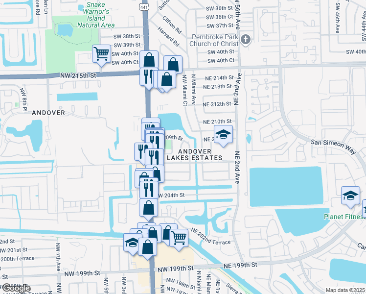 map of restaurants, bars, coffee shops, grocery stores, and more near 20800 Northwest Miami Place in Miami