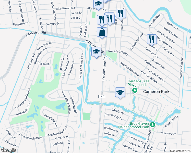 map of restaurants, bars, coffee shops, grocery stores, and more near 4375 Paredes Line Road in Brownsville