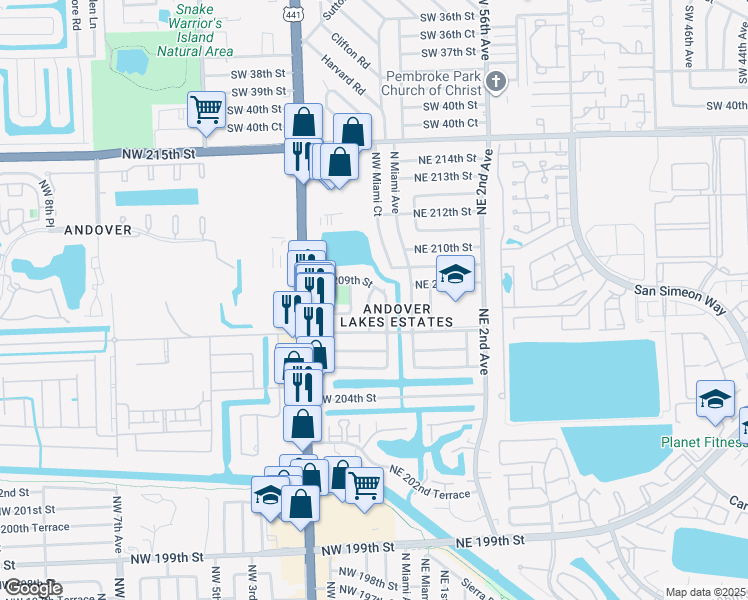 map of restaurants, bars, coffee shops, grocery stores, and more near 20800 Northwest Miami Place in Miami