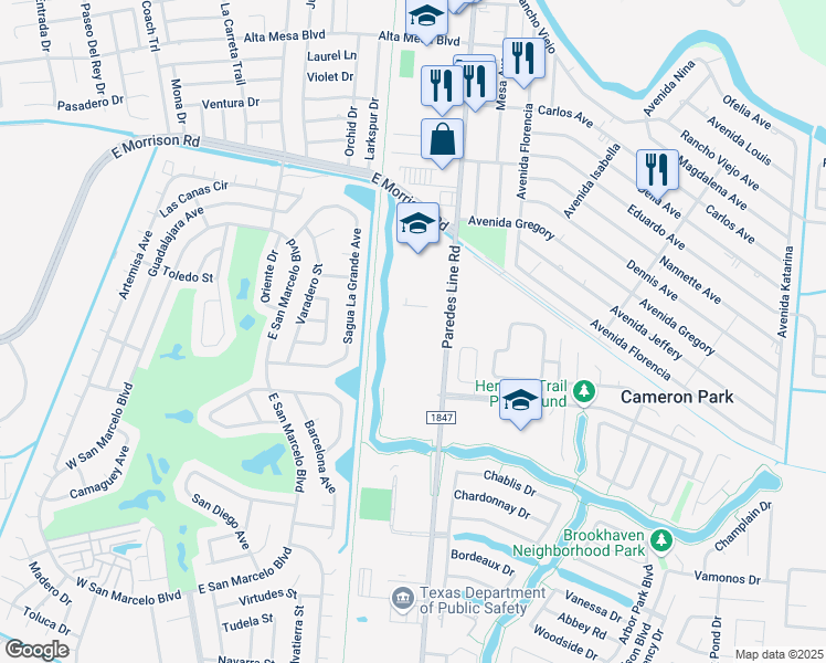map of restaurants, bars, coffee shops, grocery stores, and more near 4375 Paredes Line Road in Brownsville