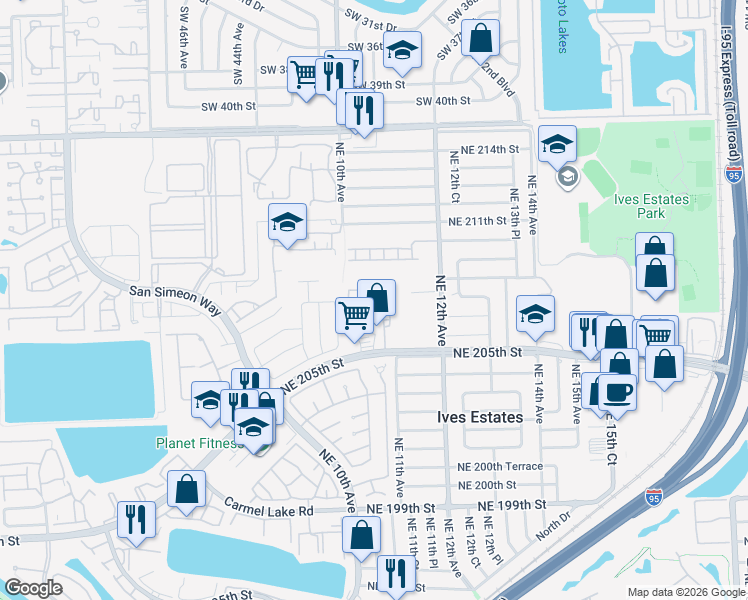 map of restaurants, bars, coffee shops, grocery stores, and more near 1037 Northeast 207th Terrace in Miami
