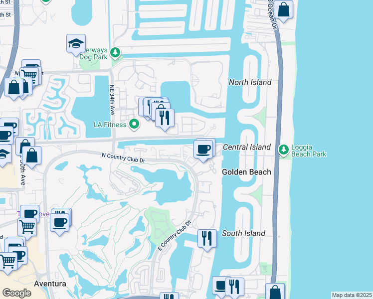 map of restaurants, bars, coffee shops, grocery stores, and more near 3701 North Country Club Drive in Aventura