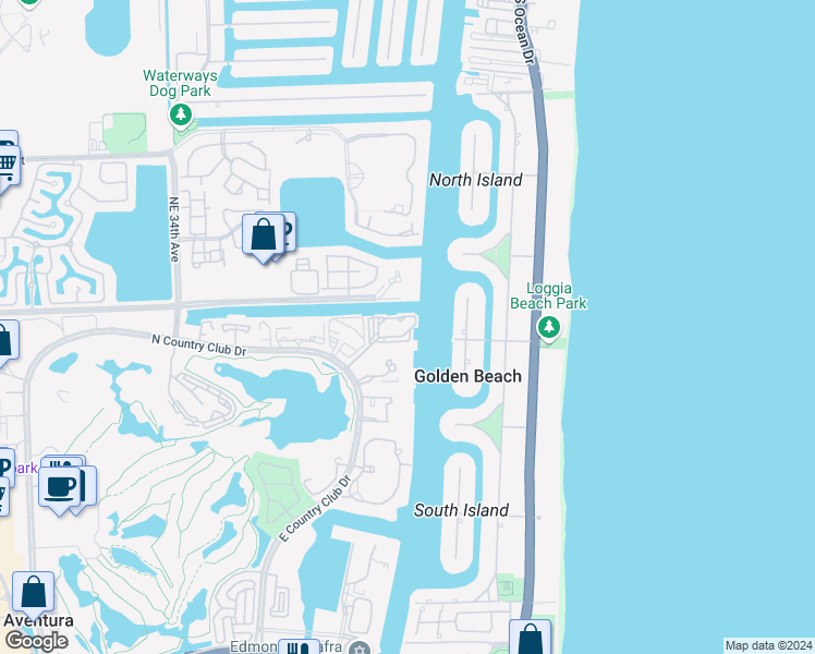 map of restaurants, bars, coffee shops, grocery stores, and more near 20515 East Country Club Drive in Aventura