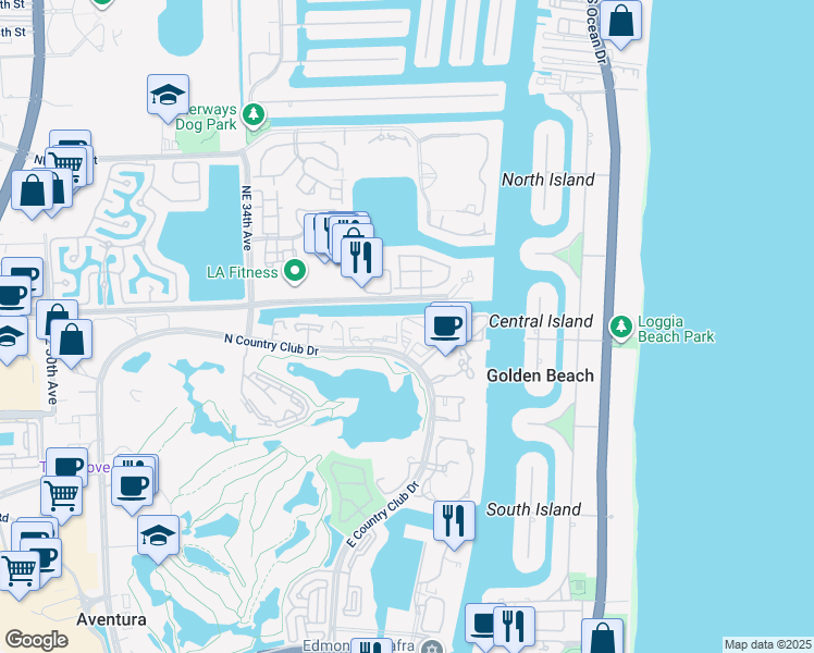 map of restaurants, bars, coffee shops, grocery stores, and more near 3701 North Country Club Drive in Aventura