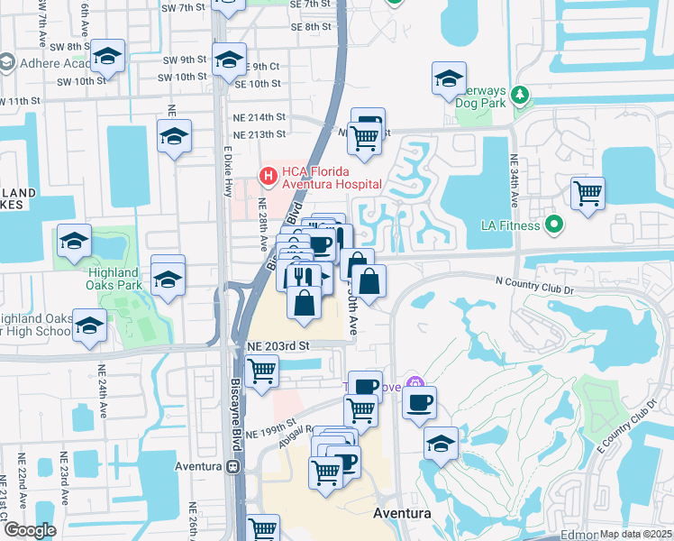 map of restaurants, bars, coffee shops, grocery stores, and more near 20751 Northeast 30th Place in Miami
