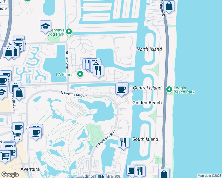 map of restaurants, bars, coffee shops, grocery stores, and more near 3701 North Country Club Drive in Aventura