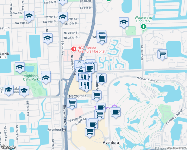 map of restaurants, bars, coffee shops, grocery stores, and more near 20751 Northeast 30th Place in Miami