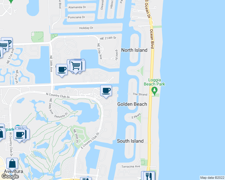 map of restaurants, bars, coffee shops, grocery stores, and more near 20515 East Country Club Drive in Aventura