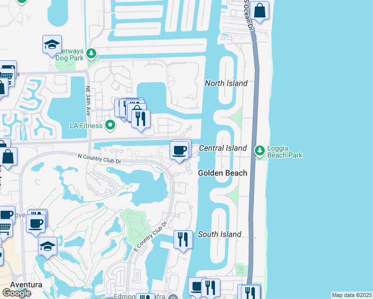 map of restaurants, bars, coffee shops, grocery stores, and more near 20515 East Country Club Drive in Aventura