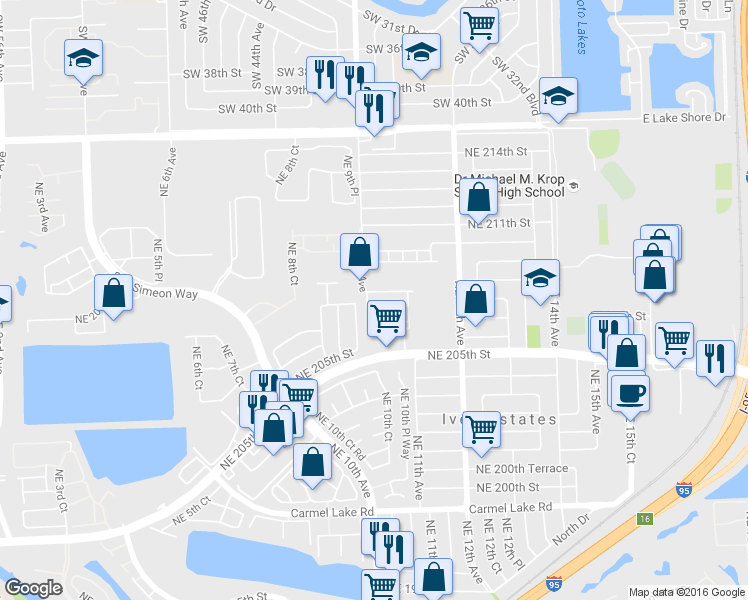 map of restaurants, bars, coffee shops, grocery stores, and more near 20637 Northeast 9th Place in Miami