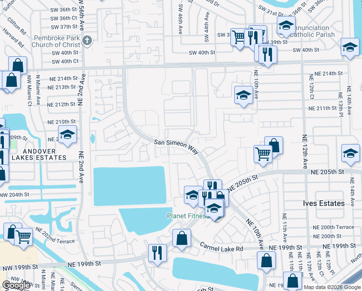 map of restaurants, bars, coffee shops, grocery stores, and more near 588 Northeast 207th Street in Aventura