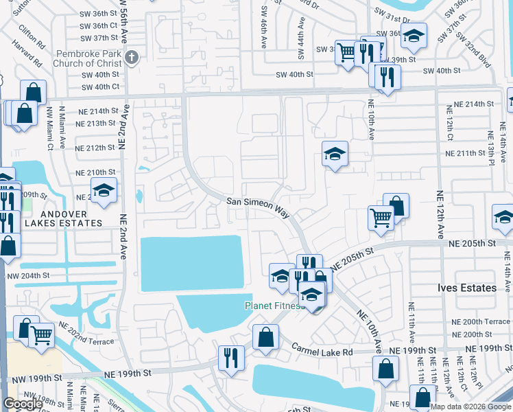 map of restaurants, bars, coffee shops, grocery stores, and more near 588 Northeast 207th Street in Aventura